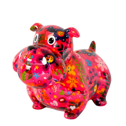 Pomme-Pidou Spaarpot Engelse Bulldog Barney roze met bloemen Pomme-Pidou Spaarpot Engelse Bulldog Barney roze met bloemen