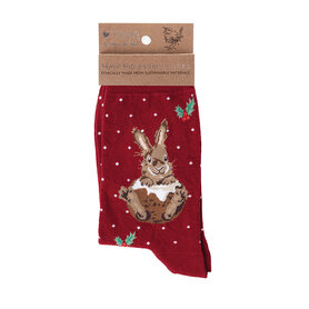 Wrendale Designs Damen Socken Kaninchen "Little Pudding" Weihnachten-Rot
