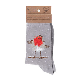Wrendale Designs Damen Socken Rotkehlchen "Jolly Robin" Weihnachten-Grau