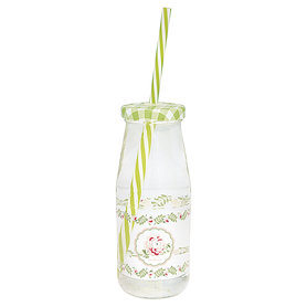 GreenGate Glass Bottle Lily petit white w/lid and straw  GreenGate Glass Bottle Lily petit white w/lid and straw
